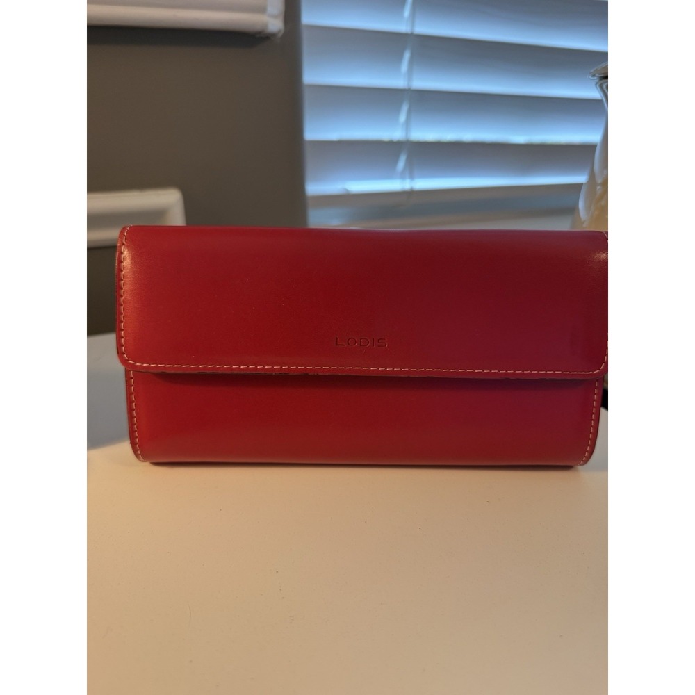 Lodis Red Leather Trifold Checkbook Credit Card Large Luxury Wallet Buttery NICE